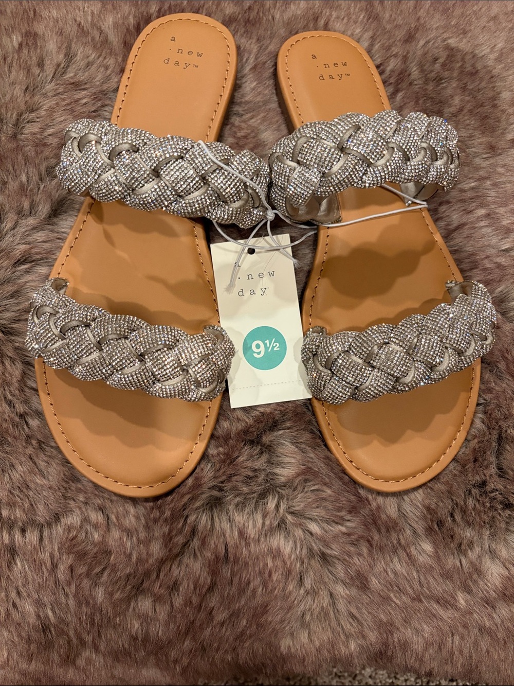 a new day Braided Rhinestone Slide Sandals - Silver Size 9 1/2